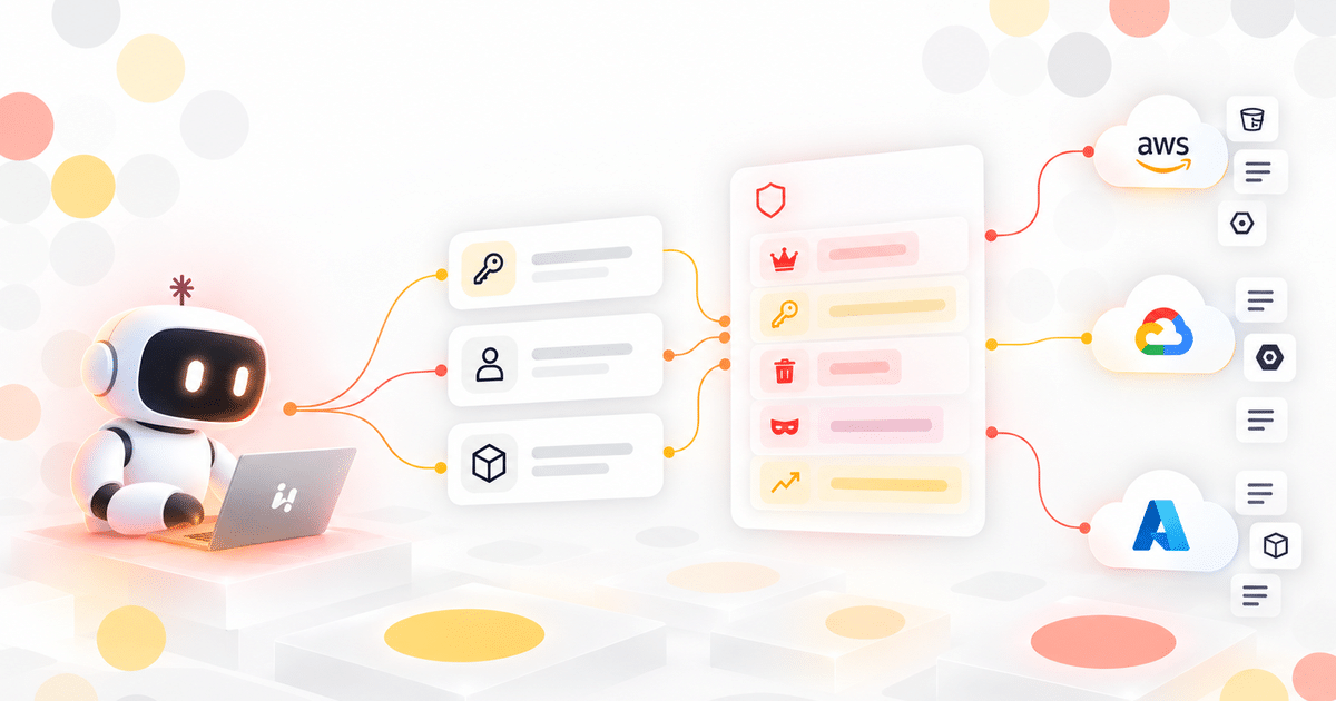 Hush Entitlements hero illustration showing an AI agent bot connecting to non-human identities, roles, and cloud security permissions across AWS, GCP, and Azure